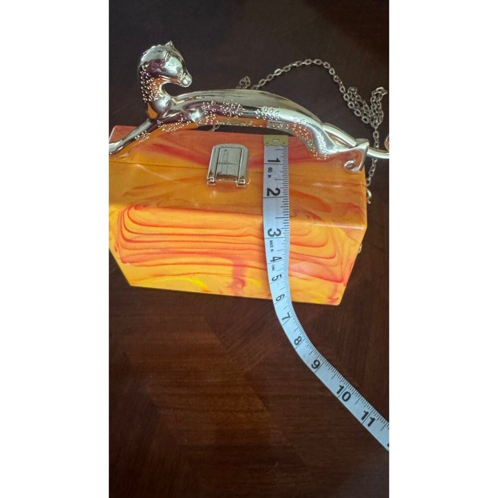 Orange Marbled Panther Handle Box Clutch Minaudiere Chain Purse - Picture 7 of 12